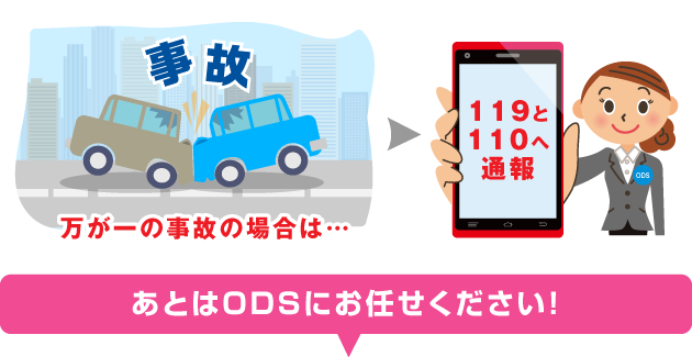 事故。万が一の事故の場合は…→119と110へ通報。後はODSにお任せください！