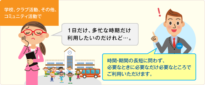 ［ご家庭で］1日だけ、多忙な時期だけ利用したいのだけれど…。／時間・期間の長短に問わず、必要なときに必要なだけ必要なところでご利用いただけます。